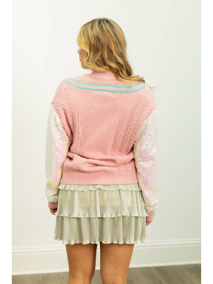 Pink Snowman Cardigan with Sequin Sleeves for wholesale on Faire10