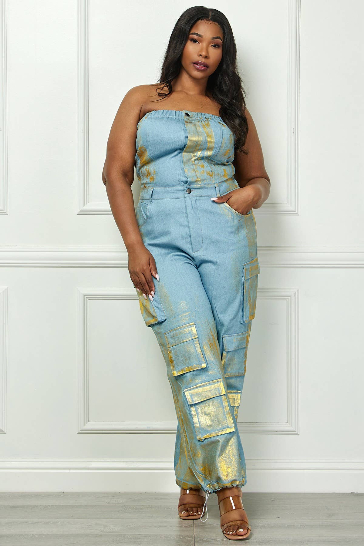 Namatt Design - Venta al por mayor Peto - Mujer - Mono de mezclilla cargo con recubrimiento vintage metálico y top tubo para tallas grandes4