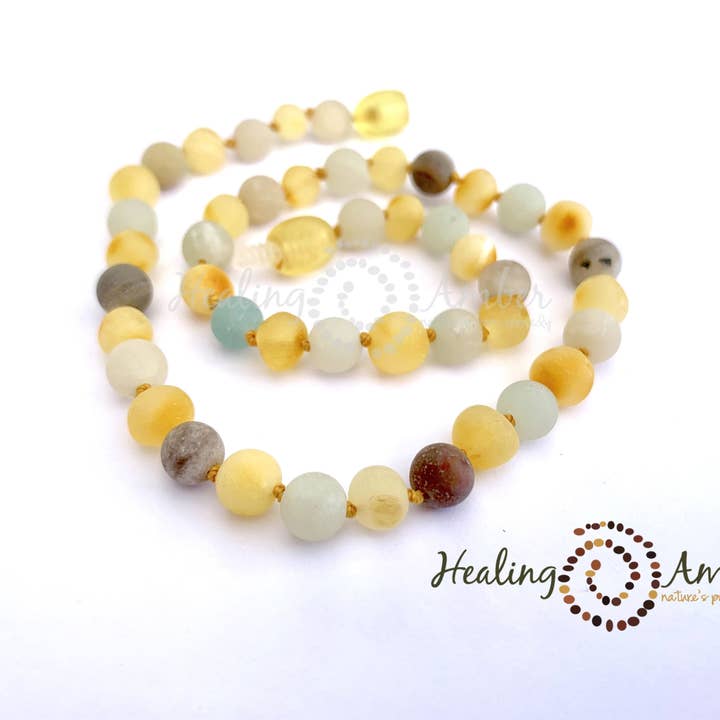 Healing Amber - Vendita all'ingrosso Collane di perline/perle - Pietra preziosa in oro grezzo, ambra e amazzonite, 23 cm