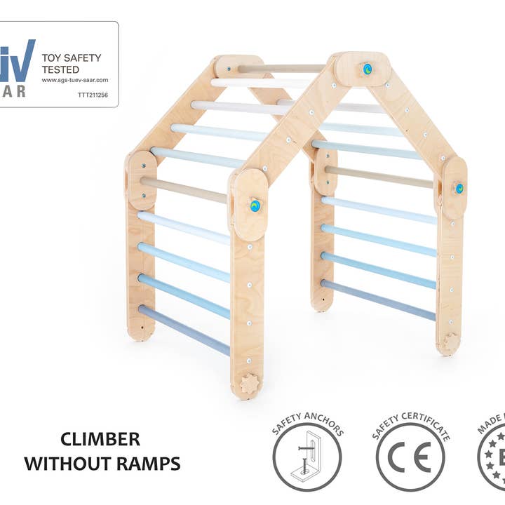 HappyMoon - Wholesale Wood Toy - Kids - Blue Transformable Climber, Modifiable Pikler Triangle