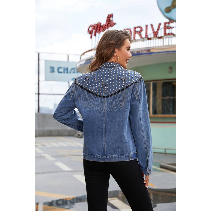 Azul Chaqueta corta de mezclilla con tachuelas y flecos para mujer de venta al por mayor en Faire