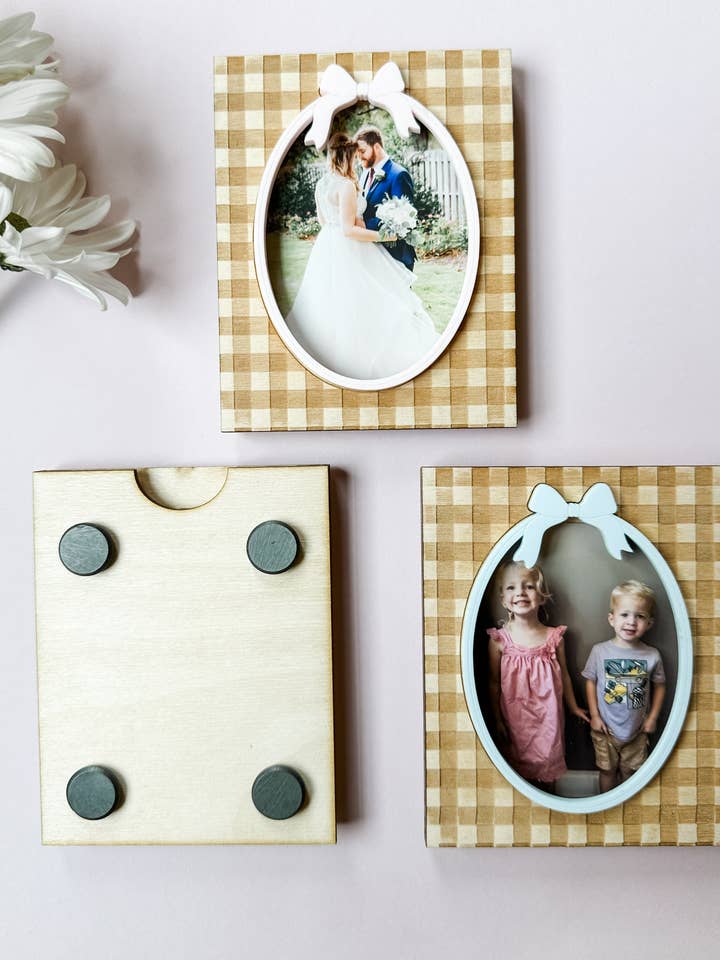 Gingham Bow Magnetic Fridge Picture Frame for wholesale by Hazel + Bloom Co
