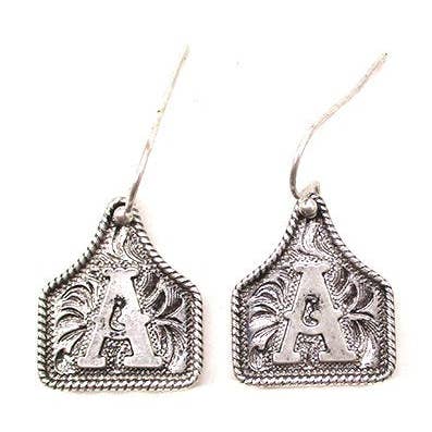 WESTERN ETCHED CATTLE TAG INITIAL EARRINGS for wholesale by Snowing West