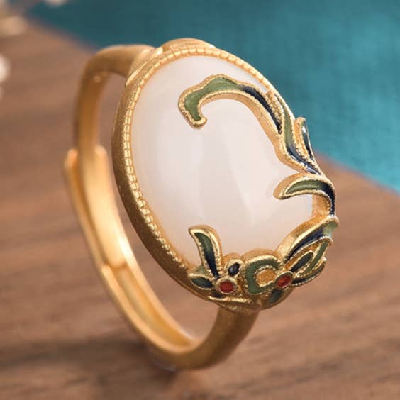 Enamel Leaves Over Jade Open Ring for wholesale by Bright MacMing