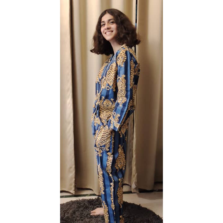 Cotton Tiger Print Long Pyjamas Set - Blue for wholesale by Ayras World