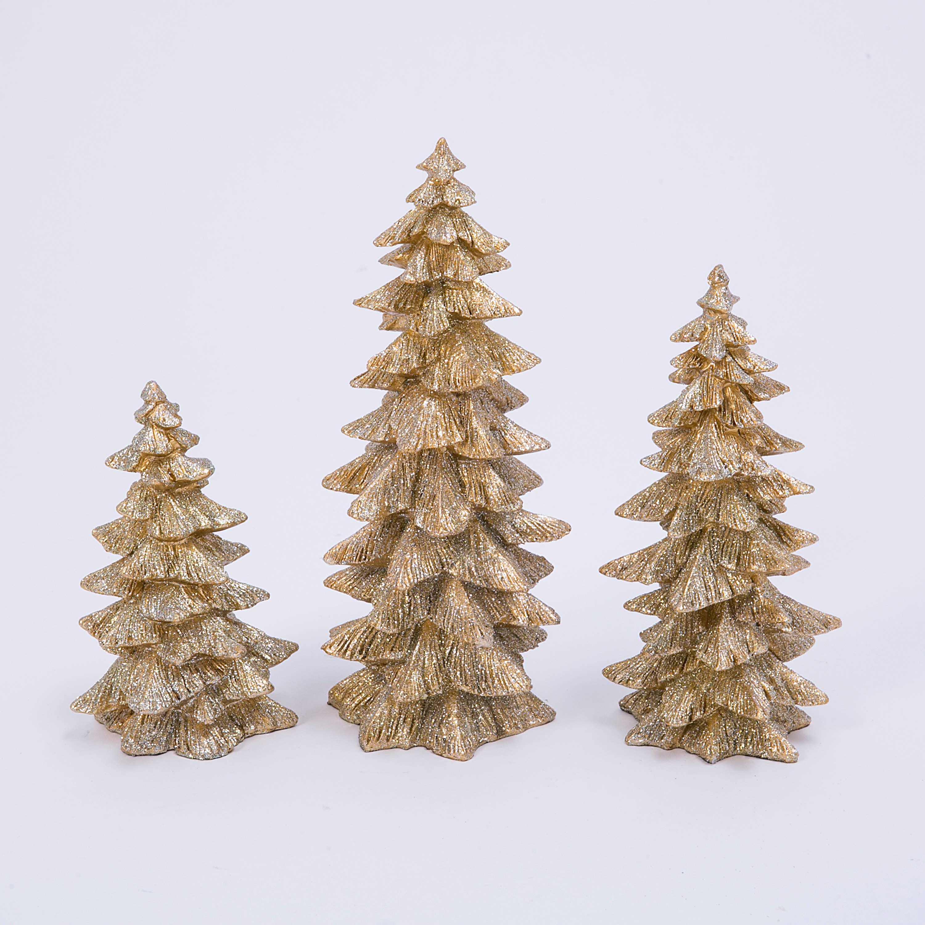 The Gerson Companies - Wholesale Christmas Decoration - Gerson Christmas S/3 Resin Gold Glitter Trees, Lg is 9.45"H1