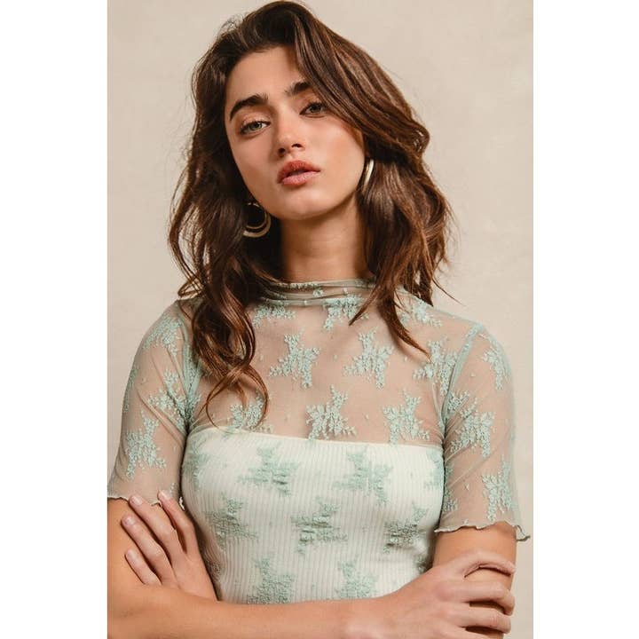 HIGH NECKLINE MESH LACE SHORT SLEEVES TOP for wholesale by IVE