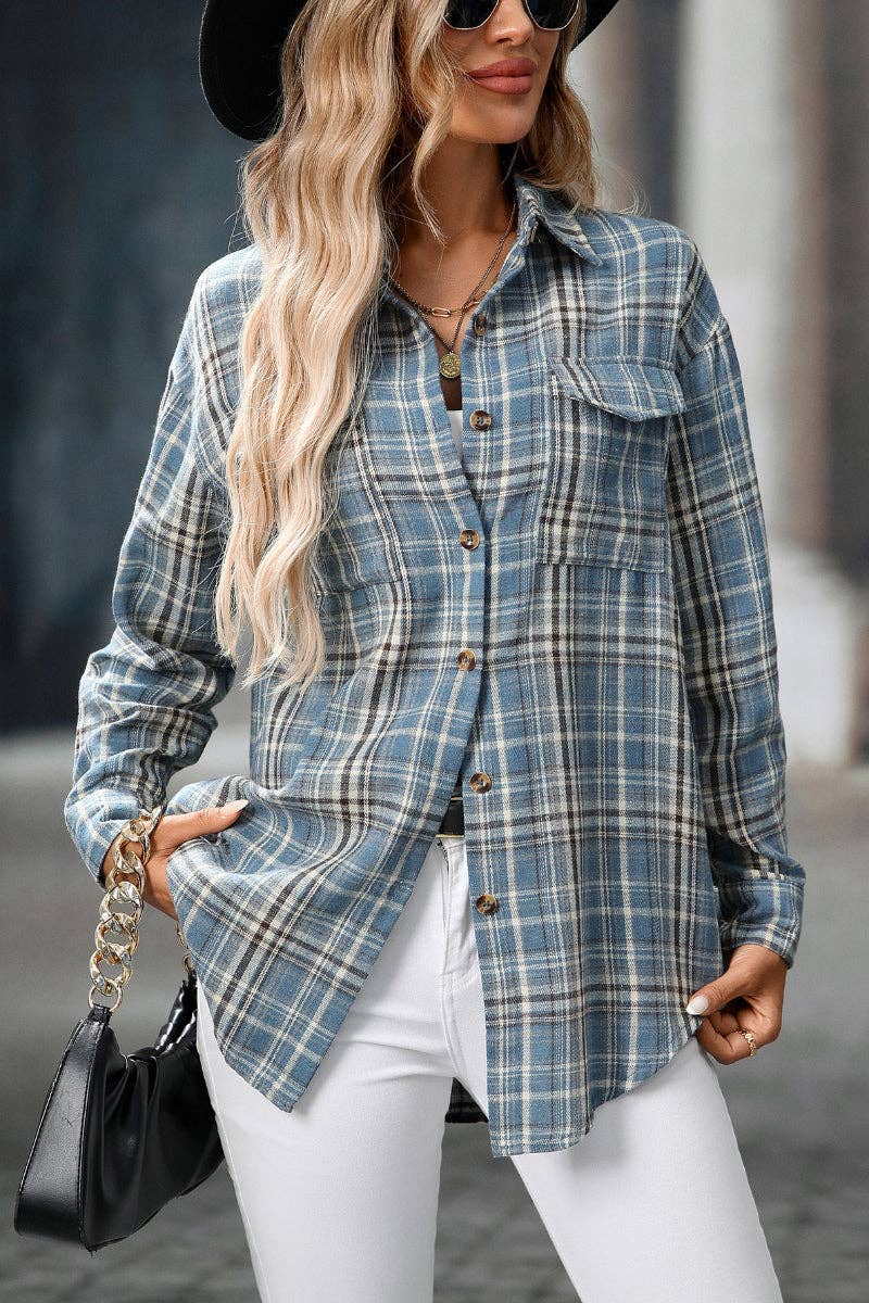 Lovesoft – wholesale Buttoned-down shirt – Women's – Plaid Button Down Shirt with Chest Pockets and Tie Hem17