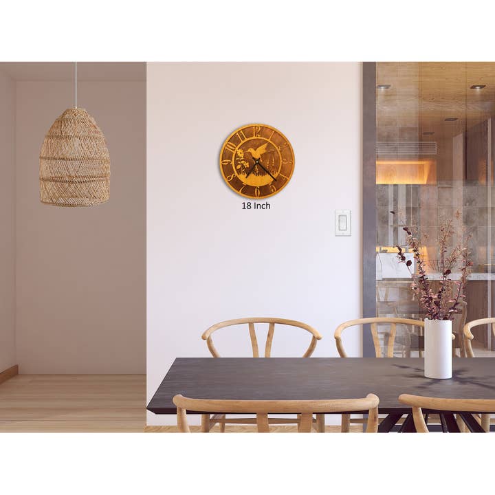Crooks Designs - Wholesale Wall Clock - Tableau Hummingbird Clock, Wood Face on Rusted Steel Back