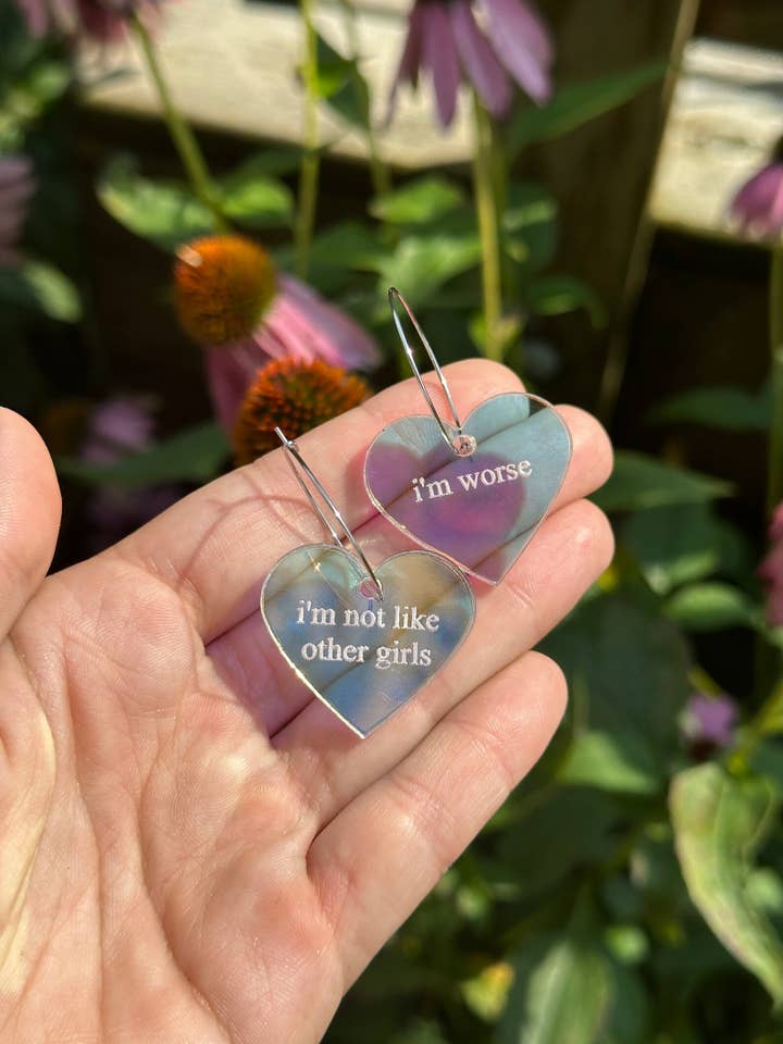 Iridescent I'm Not Like Other Girls I'm Worse Heart Earrings for wholesale by ShlemonArt