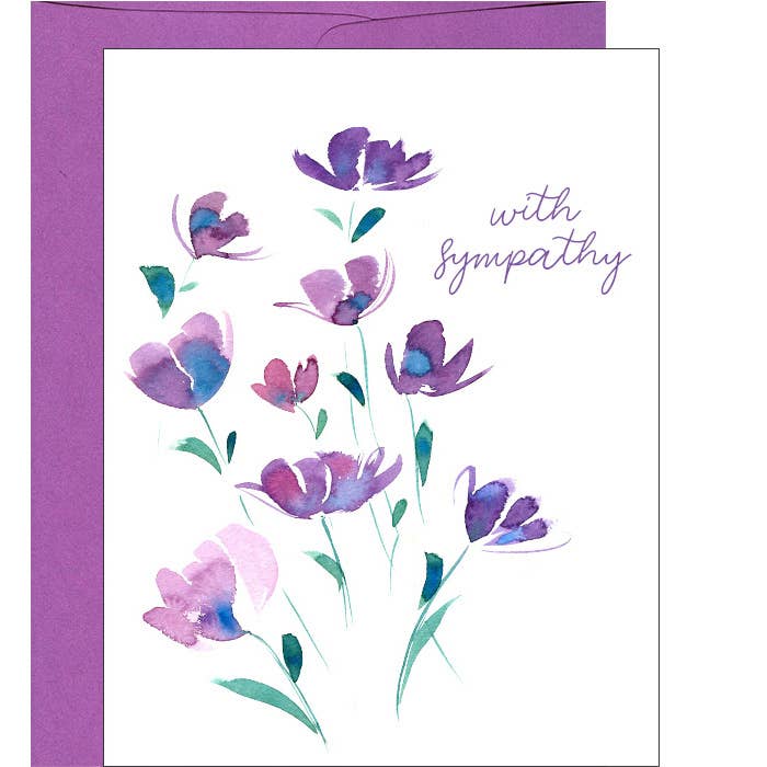 With Sympathy Watercolor Purple Florals Notecard for wholesale by Pink Bathtub Designs