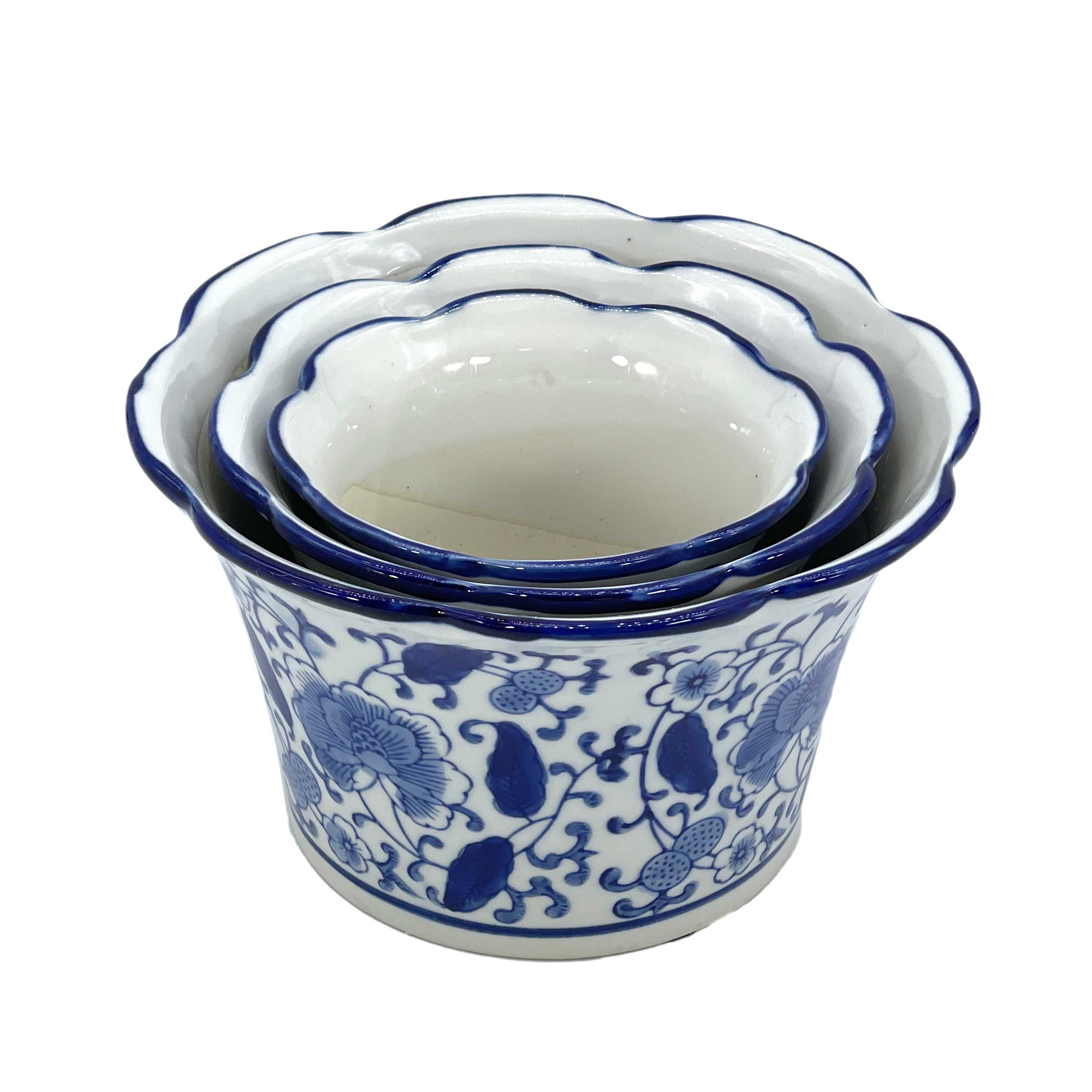 Galt International Company – wholesale Plant pot – Set of 3 Blue & White Floral Ceramic Pots Ruffled Lip Style21