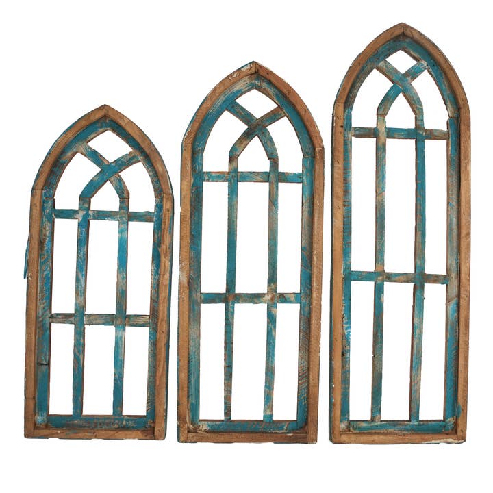 My Amigos Imports - Wholesale Wall Accent - Cathedral Wall Wood Windows-Set 3-WH-Wall Decor-Turquoise