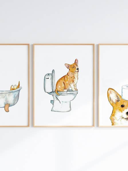 Sæt med 3 corgi hund toilet maleri for engroshandel hos Goodfairyart
