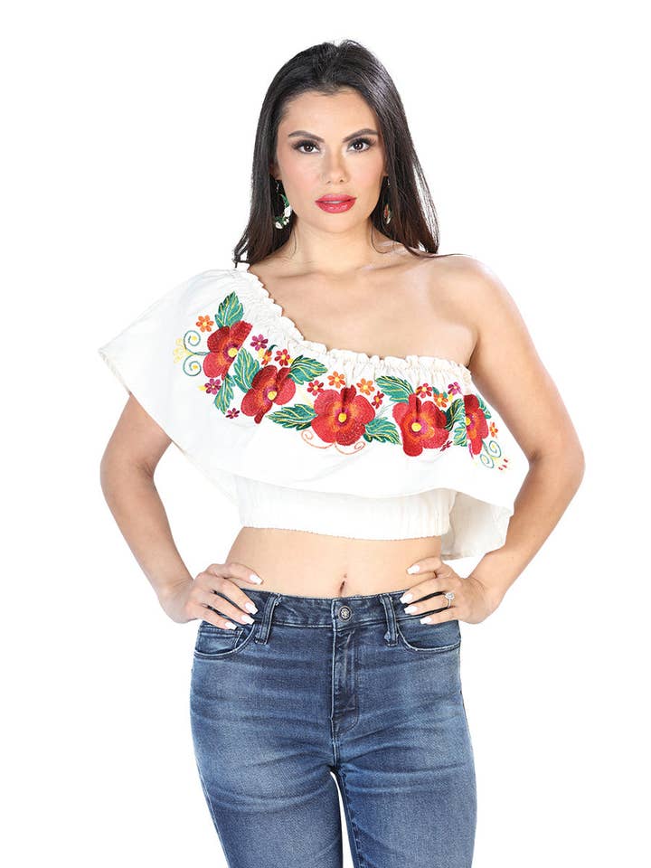 Artisanal Embroidered Blouse Cotton White with big Red Flowers for wholesale by Conejo Western Wear
