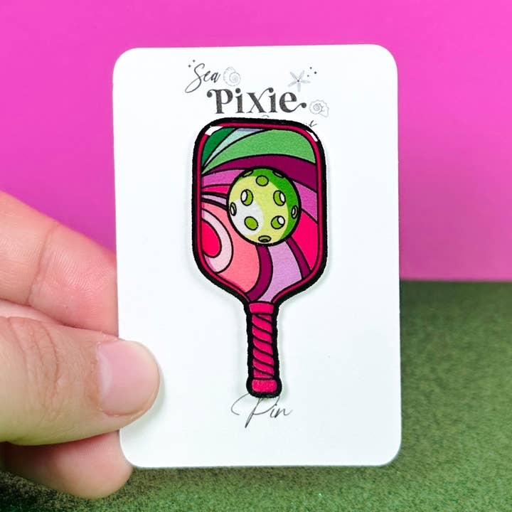 Sea Pixie Designs – wholesale Nål och knapp för kavajslag – Rosa & Grön Pickleball Paddel Sportlag Pin0