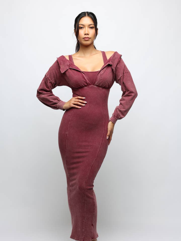 Mineral washed long sleeve maxi dress for wholesale by K Too