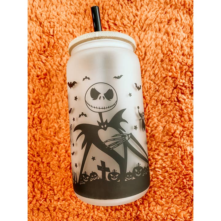 16 oz Jack frostet glas dåse-mareridt før jul Jack for engroshandel hos From Us To You Co. Handmade Goods