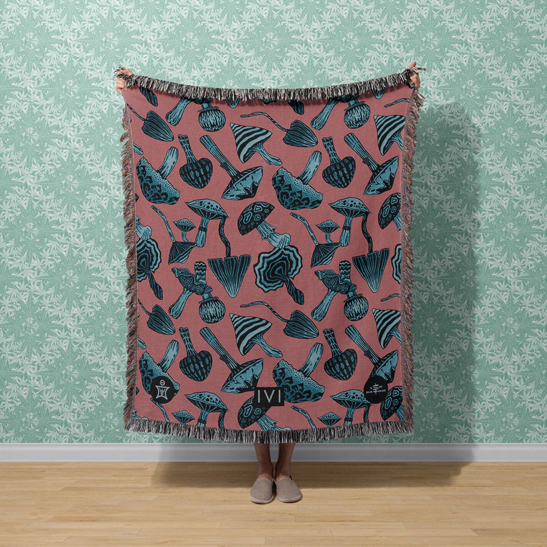 Sean Martorana - Wholesale Throw Blanket - IVI - Mushroom Jacquard Woven Blanket - Blue Pink2