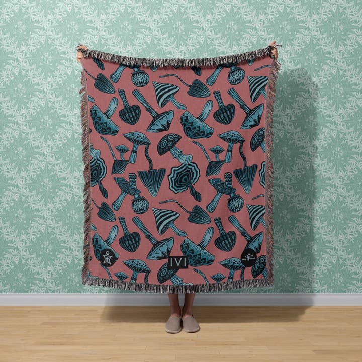 Sean Martorana - Wholesale Throw Blanket - IVI - Mushroom Jacquard Woven Blanket - Blue Pink2