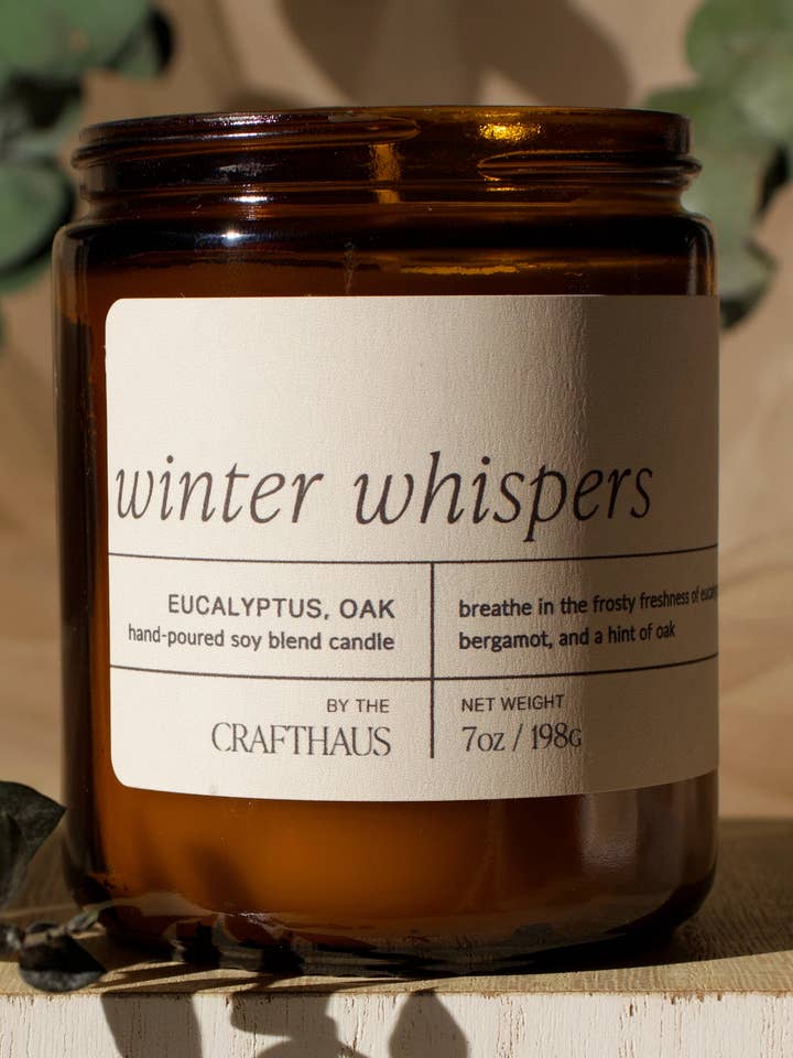 Winter Whispers - 7 oz. Amber Glass Soy Candle for wholesale by The Crafthaus
