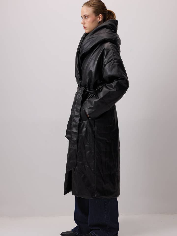 Black HOODED MAXI VEGAN LEATHER COAT for wholesale on Faire5