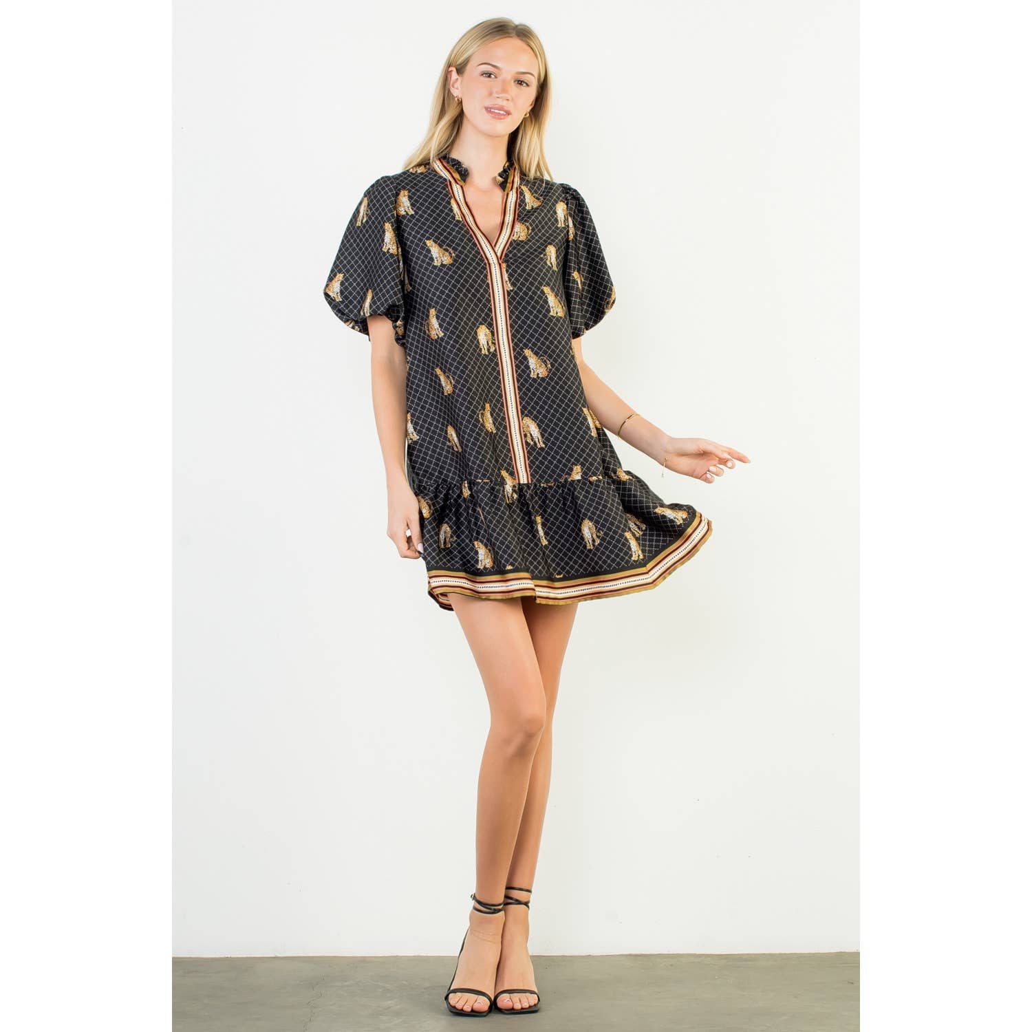 BLACK Puff Sleeve Leopard Print V-Neck Dress for wholesale on Faire6