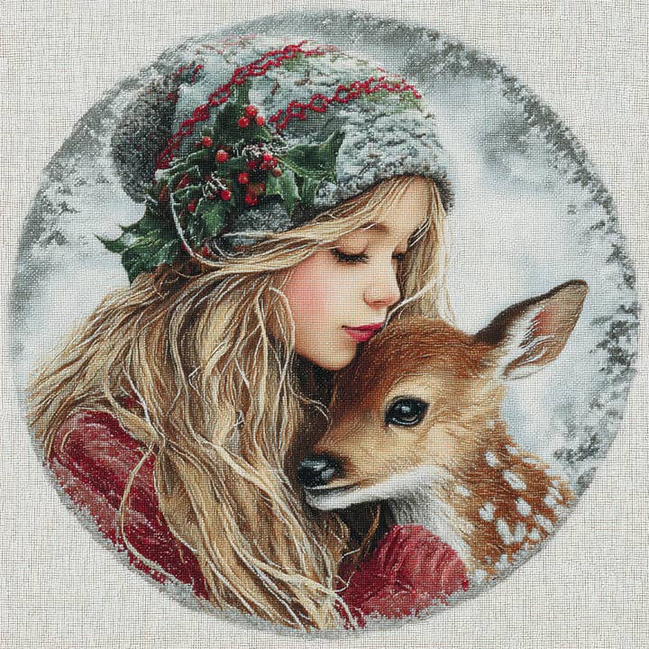 Winter Girl with Deer Sign, DCO-102500, Sign For Wreath, 10x10in Metal Sign for wholesale by DecoExchange