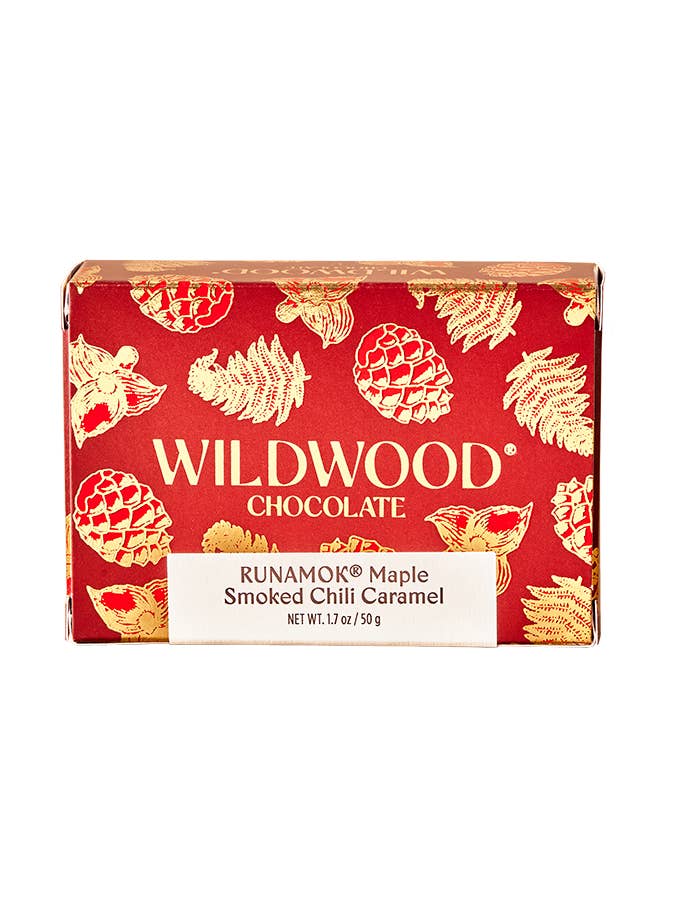 Runamok® Maple Smoked Chili Caramel Small Box for wholesale by Wildwood Chocolate