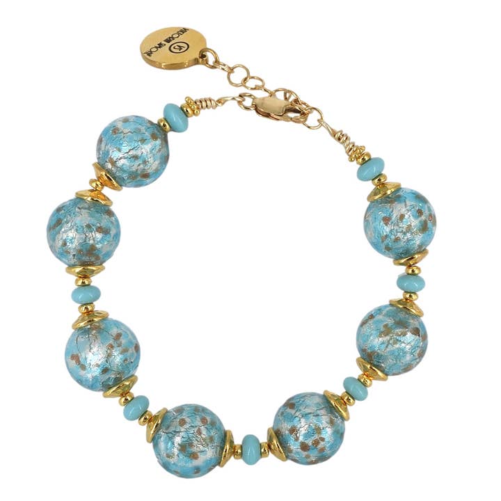 Bracciale con perline in vetro di Murano a pois blu turchese con chiusura in oro per la vendita all'ingrosso da parte di Viktoria Simonë