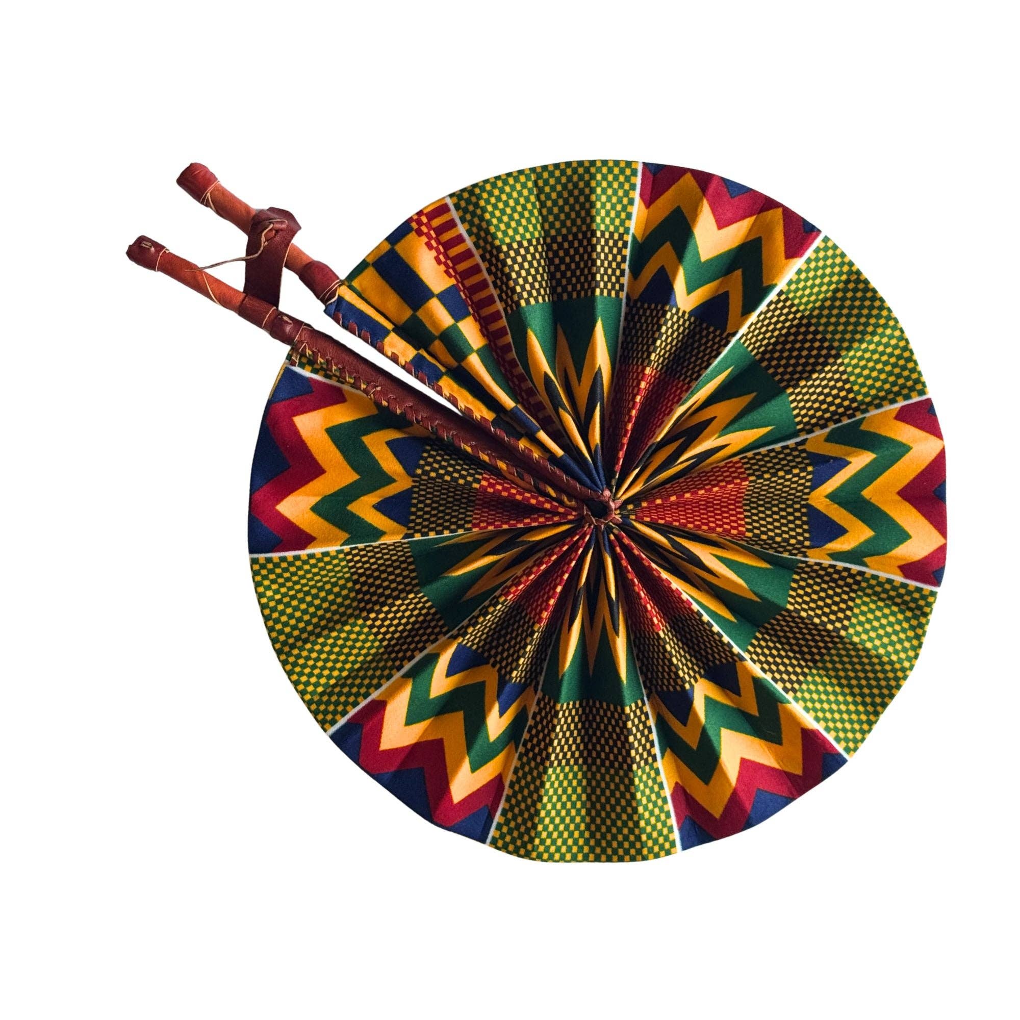 Global Crafts - Wholesale Handheld Folding Fan - Kenya Bright Kitenge Fan with Leather Handle6