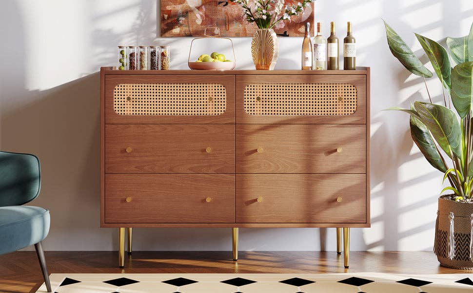 Urban Meuble - Wholesale Cabinet - Vintage sideboard with 6 rattan drawers, golden handles and legs, 120*90*40cm DELMO6