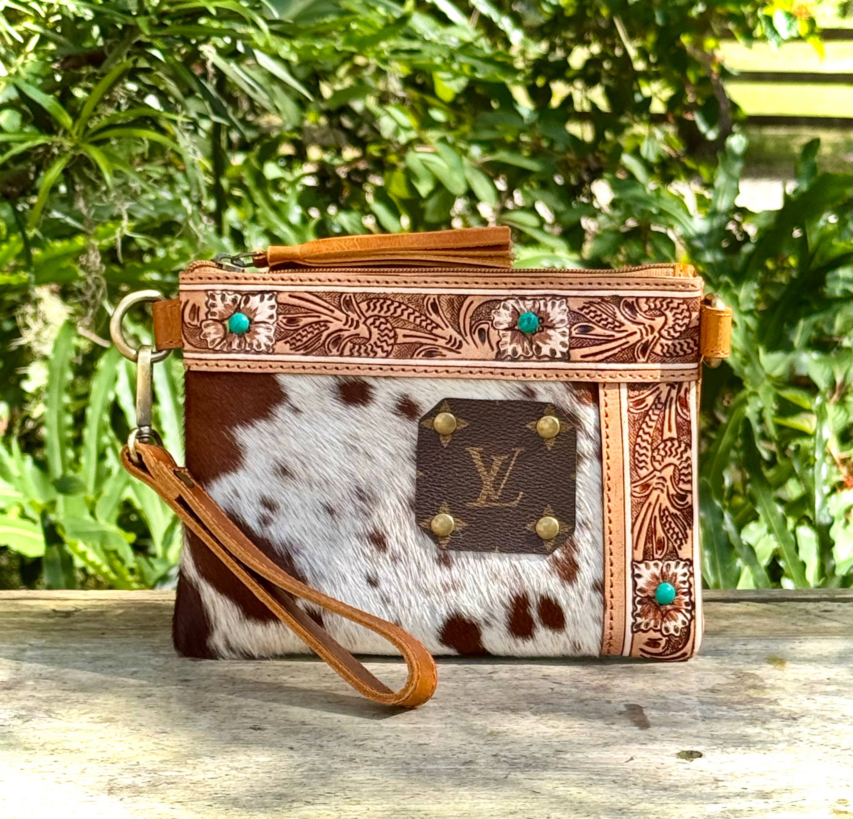 Southern Junkie Gypsy Boutique - Wholesale Crossbody Bag - Women's - Upcycled LV Cowhide Leather Wristlet Crossbody Bag Western 4
