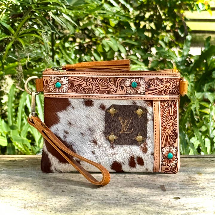 Southern Junkie Gypsy Boutique - Wholesale Crossbody Bag - Women's - Upcycled LV Cowhide Leather Wristlet Crossbody Bag Western 4