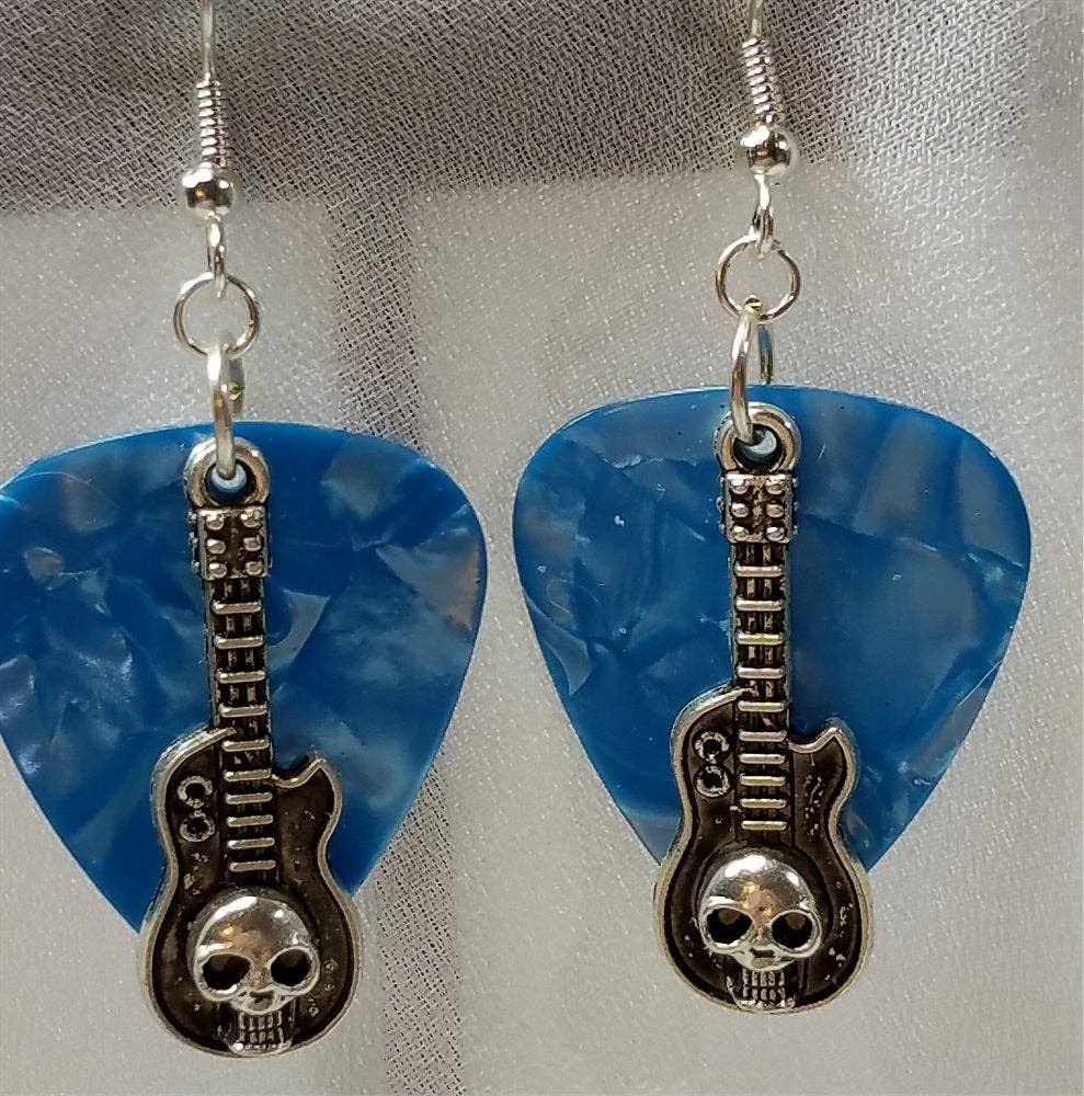 Simply Raevyn - Wholesale Dangle Earrings - Guitar with Skull Charms Guitar Pick Earrings3