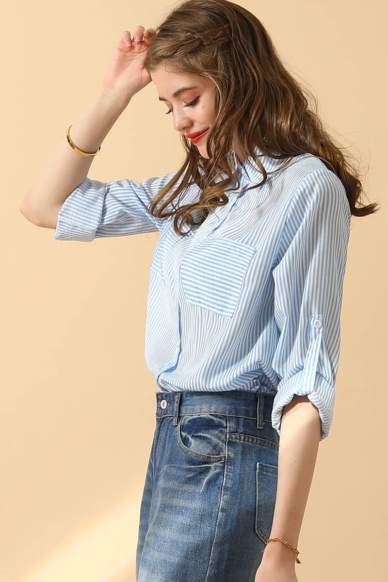 NINEXIS - Wholesale Button Down Shirt - Women's - CWTSTL716_Striped Button Down Long Sleeve Collared Shirts9