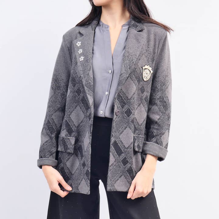 Grey Plaid blazer with flowers and CVA524809 patch for wholesale on Faire2