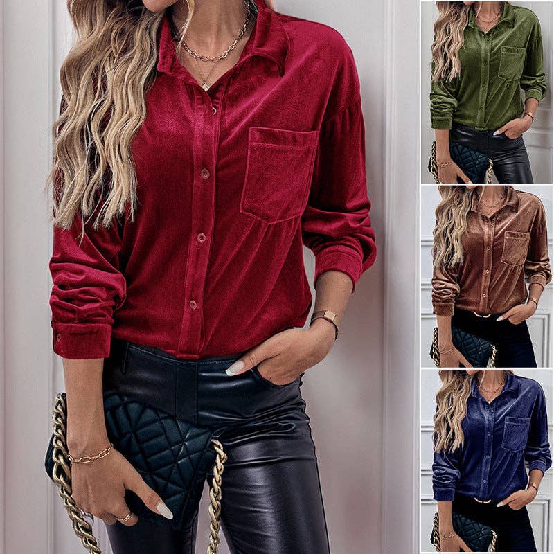 safistyle - Wholesale Button Down Shirt - Women's - Velvet Lapel Long Sleeve Cardigan Top for Women2