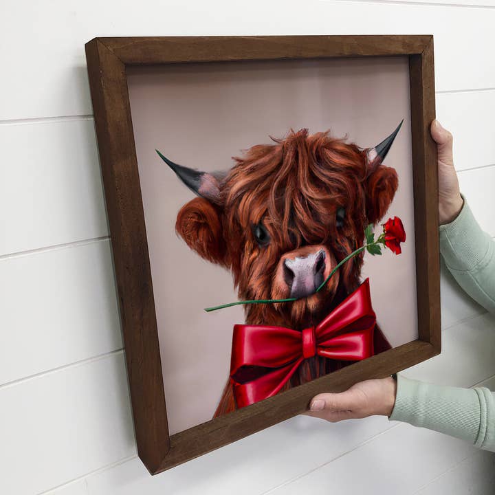 Hangout Home - Wholesale Sign - Valentines Cow Art Sign - Highland Bull with a Rose