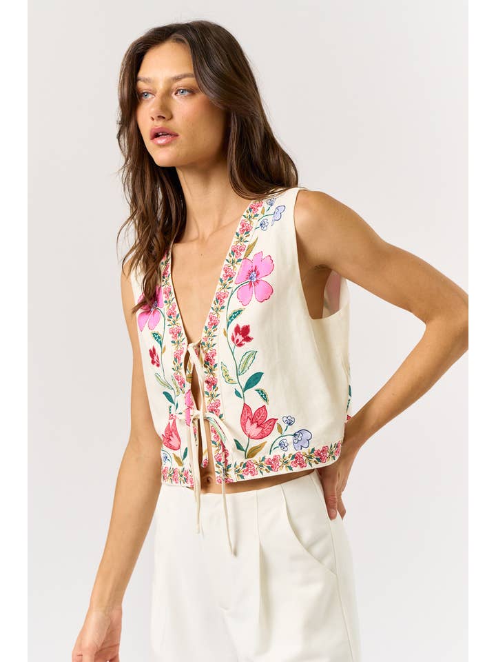 Lalavon - Wholesale Outerwear Vest - Women's - ILT5629 Front Tie Cropped Floral Vest