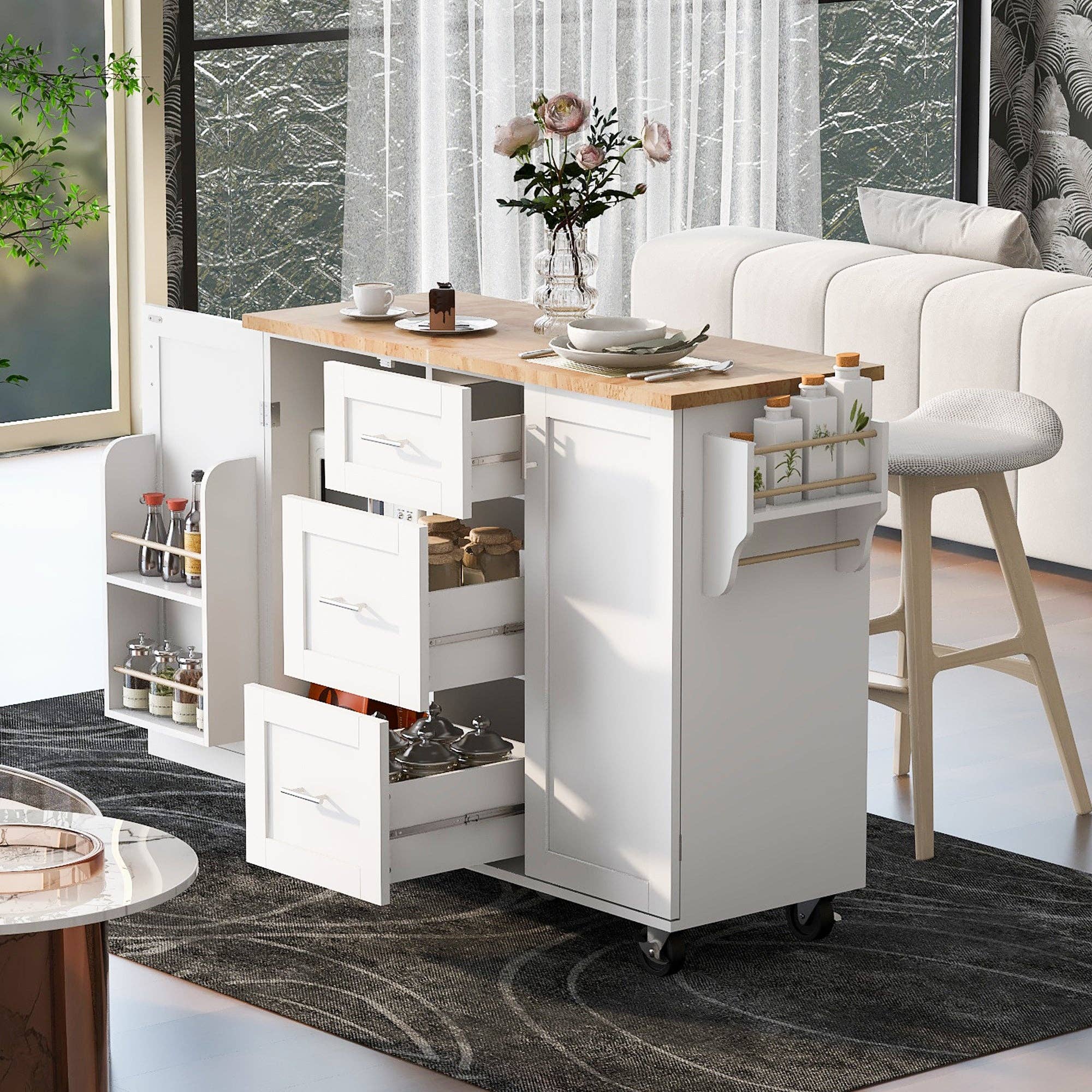 Orange County Decor - Wholesale Kitchen Storage/Organizer - K&K Rolling Kitchen Island With Storage, Kitchen Cart With Rubber Wood Top, 3 Drawer, 2 Slide Out Shelf And Internal Storage Rack, Kitchen Island On Wheels With Spice Rack & Tower Rack, White White2