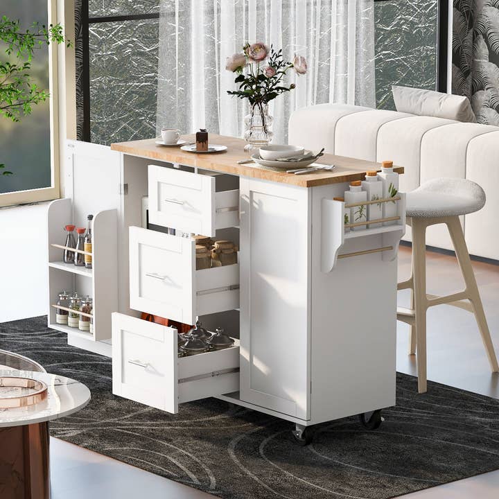Orange County Decor - Wholesale Kitchen Storage/Organizer - K&K Rolling Kitchen Island With Storage, Kitchen Cart With Rubber Wood Top, 3 Drawer, 2 Slide Out Shelf And Internal Storage Rack, Kitchen Island On Wheels With Spice Rack & Tower Rack, White White2