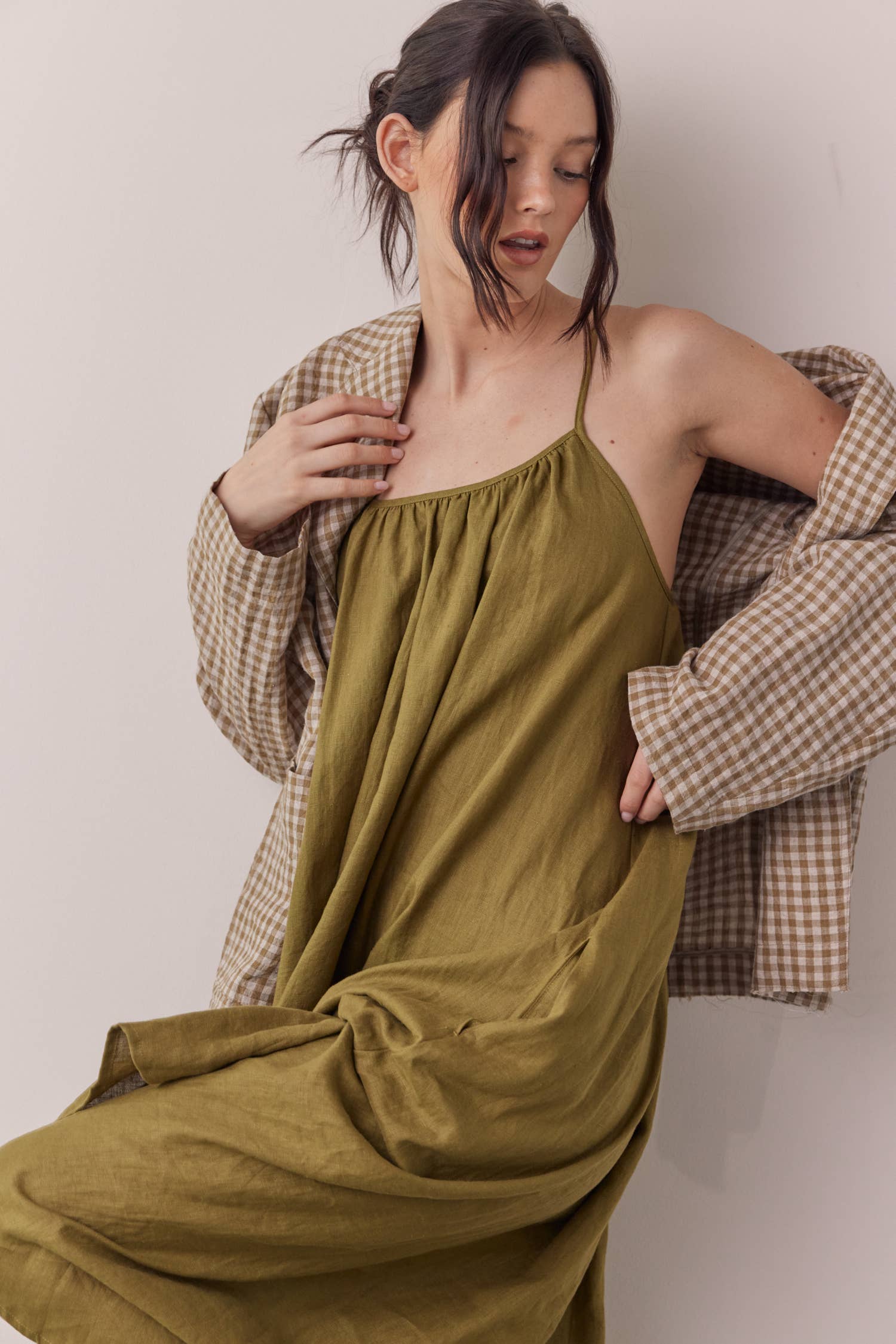 M Green Linen back tie ankle dress for wholesale on Faire8