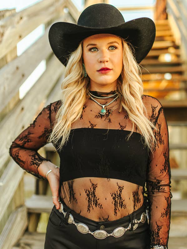 LUCKY & BLESSED - Wholesale Blouse - Women's - Black Mesh Long Sleeve Stretch Top