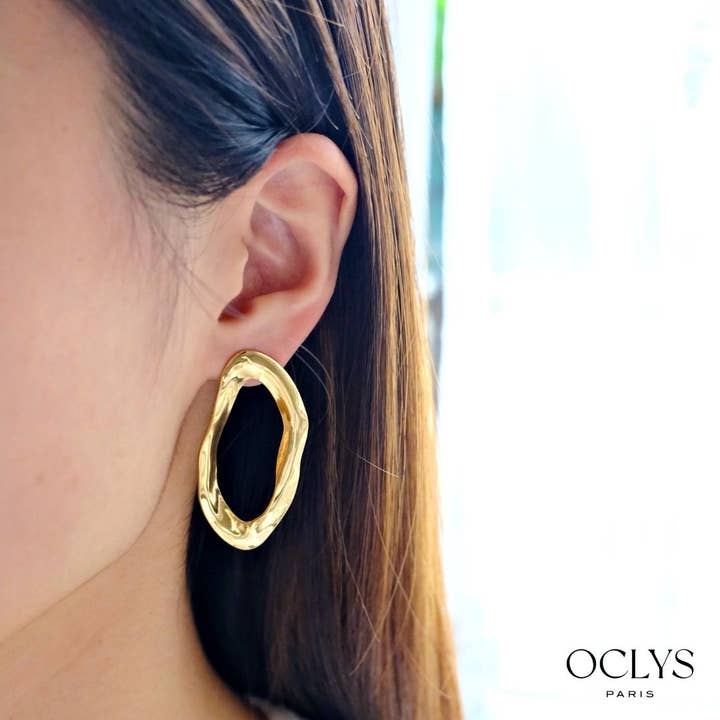 Boucles d'oreilles ovales martelées acier inoxydable Nina pour la vente par Oclys