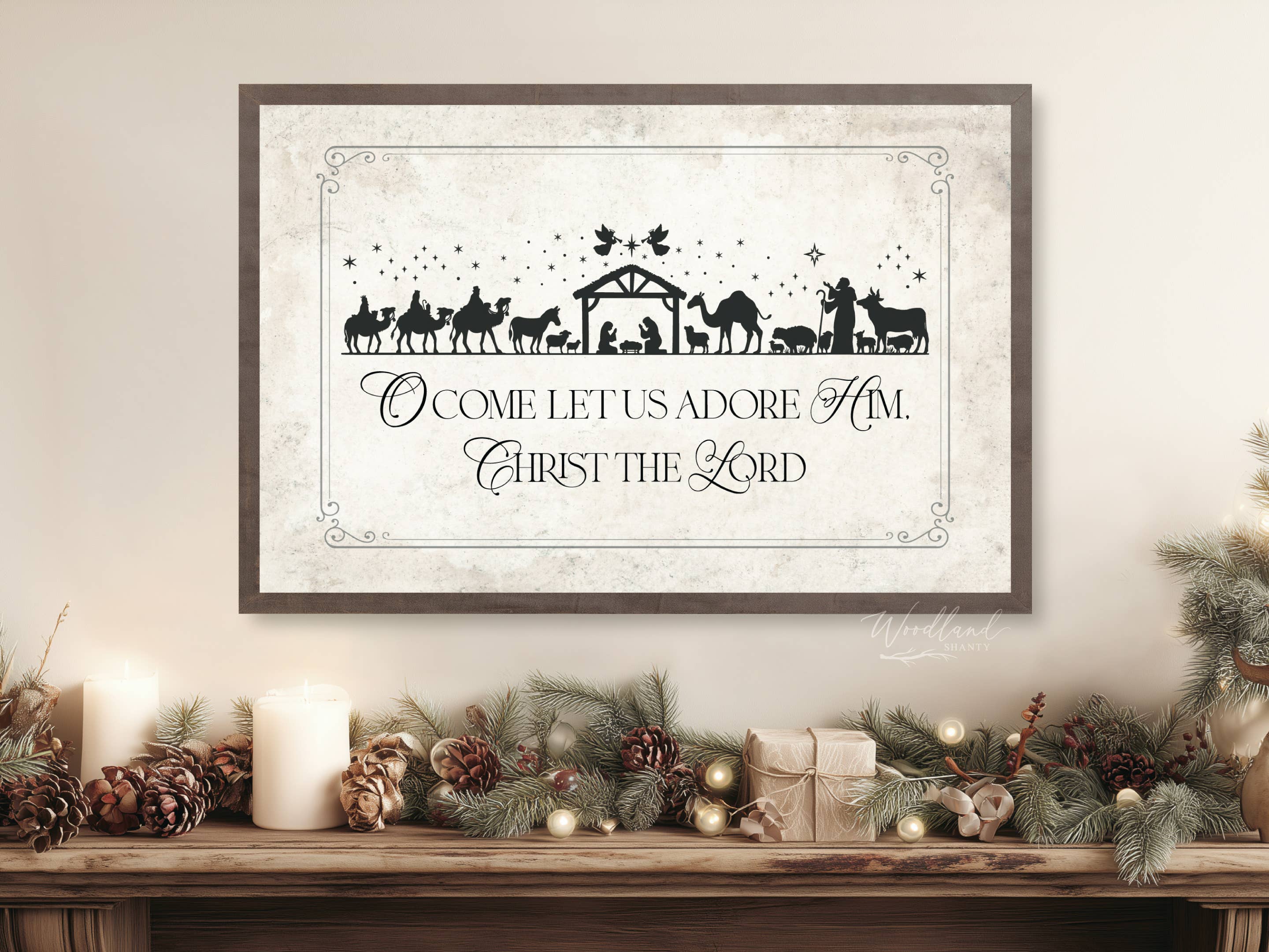 Woodland Shanty - Vente Art mural pour les fêtes - Panneau de Noël encadré O Come Let Us Adore Him1