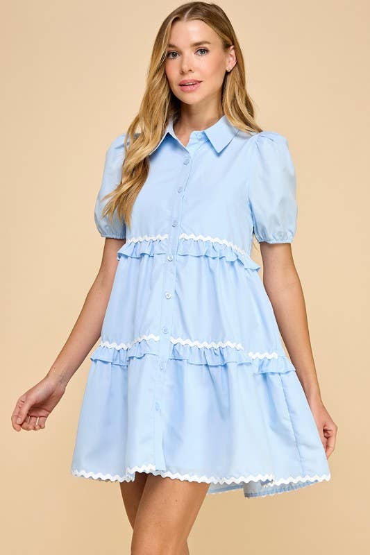 TCEC - Vente Robe – femme - Robe chemise à manches courtes bouffantes avec détail en zigzag CD054472