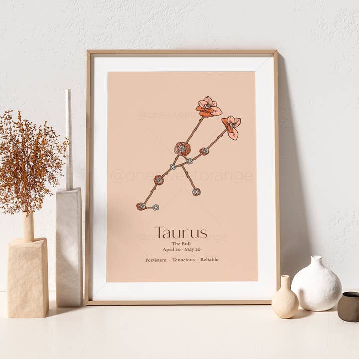Zodiac Print Taurus Horóscopo Art Print impresión del signo del zodiaco para venta al por mayor de Onesweetorange