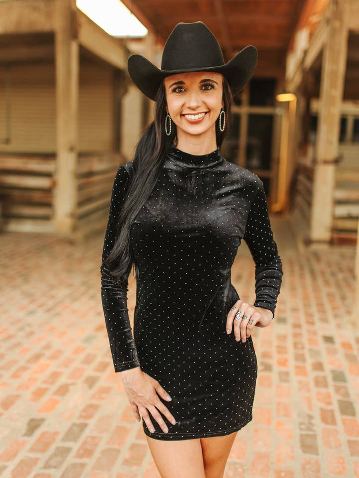 Black Velvet Rhinestone Studded Long Sleeve Dress for wholesale by LUCKY & BLESSED