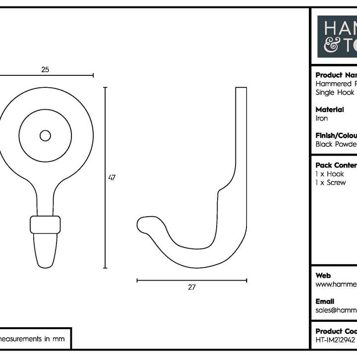 Rinkit Ltd – wholesale Wall hook – Hammered Round Plate Single Hook - W25mm x H45mm - Black5